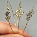 Mermaid Helm Seahorse Brass Bangle 3 Bracelet Set