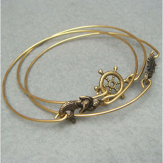 Mermaid Helm Seahorse Brass Bangle 3 Bracelet Set on Luulla